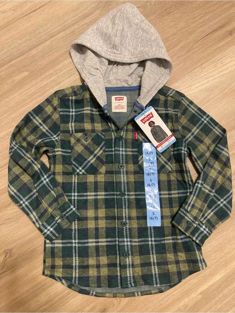 NWT Levi’s Boys Hooded Flannel Shirt Jacket - Green/Gold Plaid - Size S (6/7)